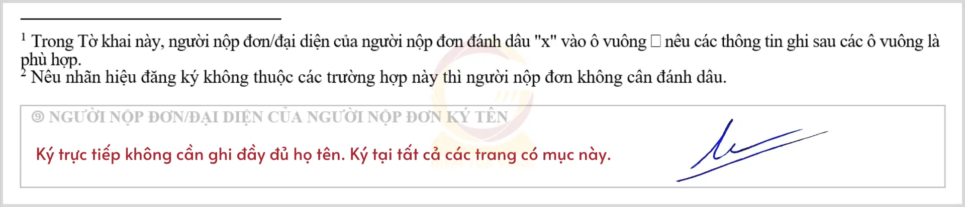 đại diện của người nộp đơn ký tên