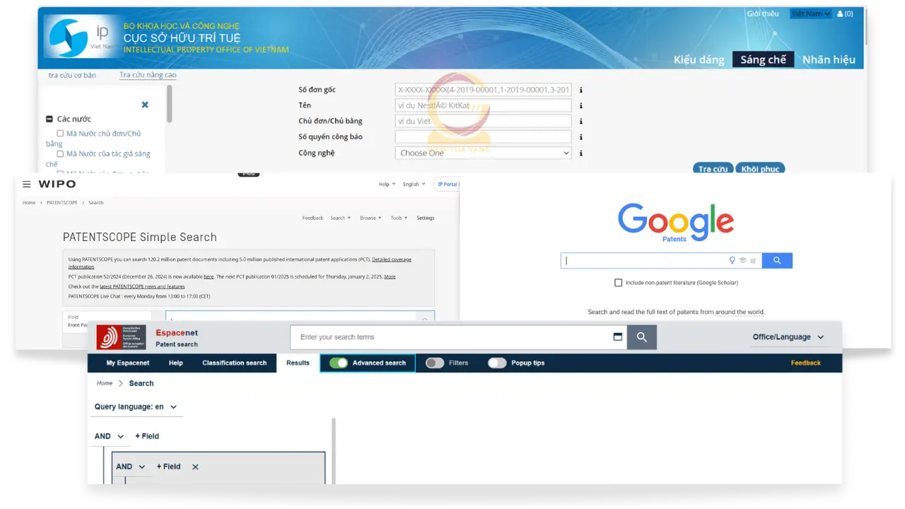 giao diện các website tra cứu sáng chế
